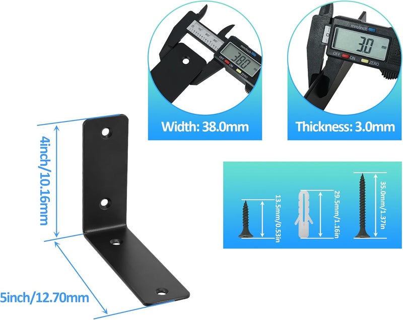 Redunest L Floating Shelf Brackets,4 Pack Heavy Duty L Brackets for Shelves, L 5" X H 4" Black Metal Countertop Support Brackets,Wall Mounting for Wood - Image 2